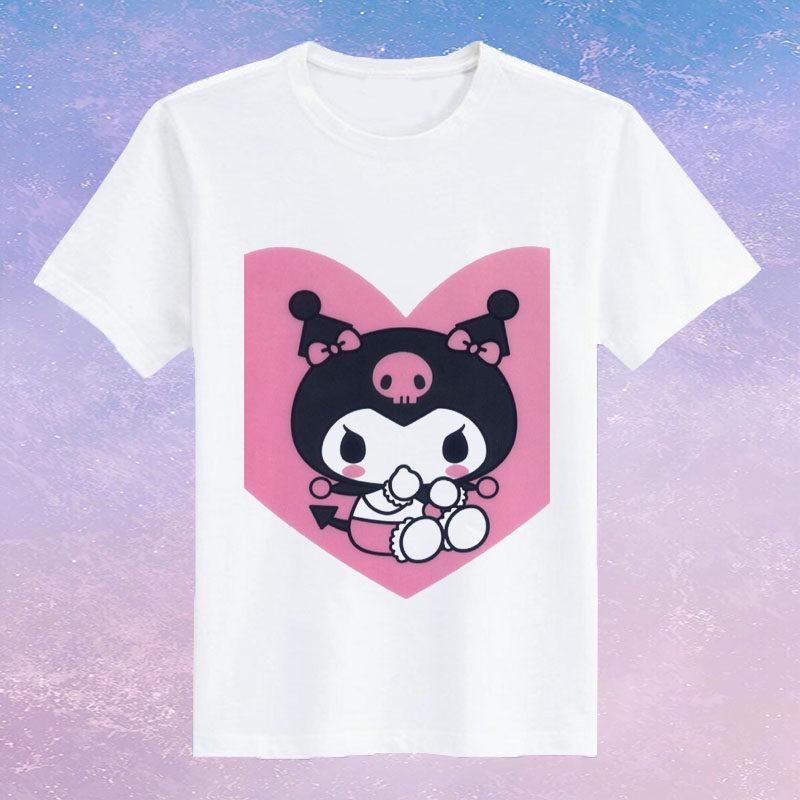 Childrens Pure Cotton Short Sleeved Japanese Cute Rabbit Cute Cute Kuromi Cartoon Printed Parentchild Tshirt Half Sleeve