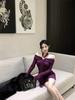 One-word Shoulder Purple Neck Hanging Long-sleeved Dress Women's Autumn Slim-fitting Waist Skirt Pure Desire Wind Tight Hip-wrapped Short Skirt