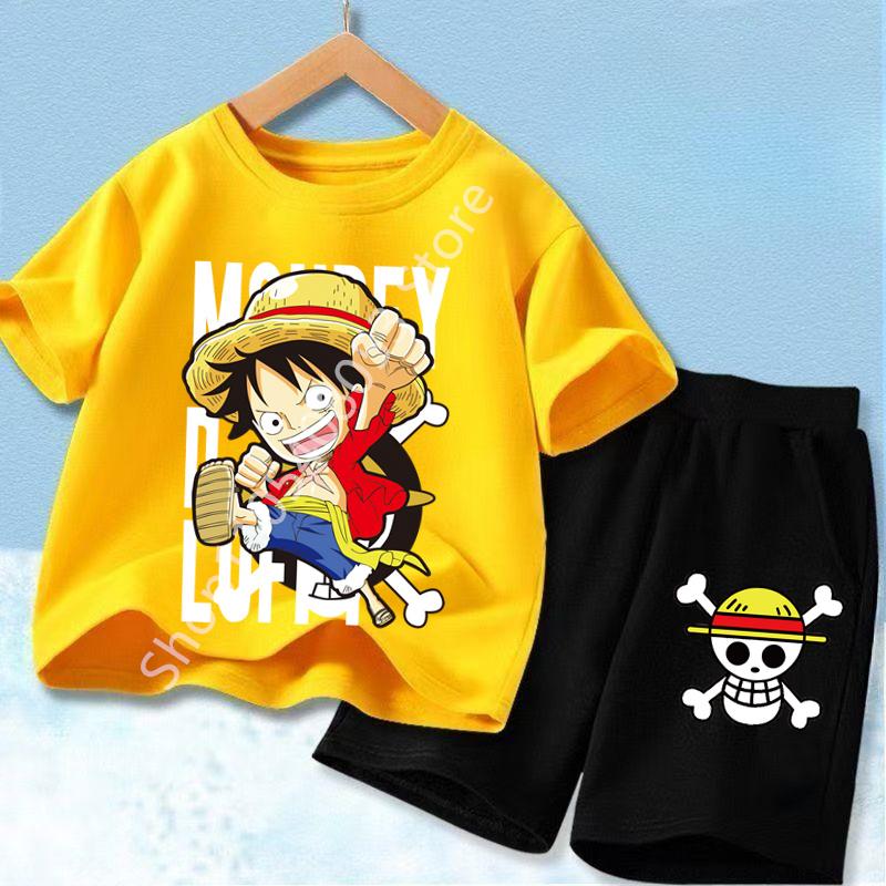 Summer Children Short Sleeve Clothes Set Anime Boy Girl T Shirt Shorts 2pcs One Piece Kids Outfit Chopper Luffy Tracksuit Suit