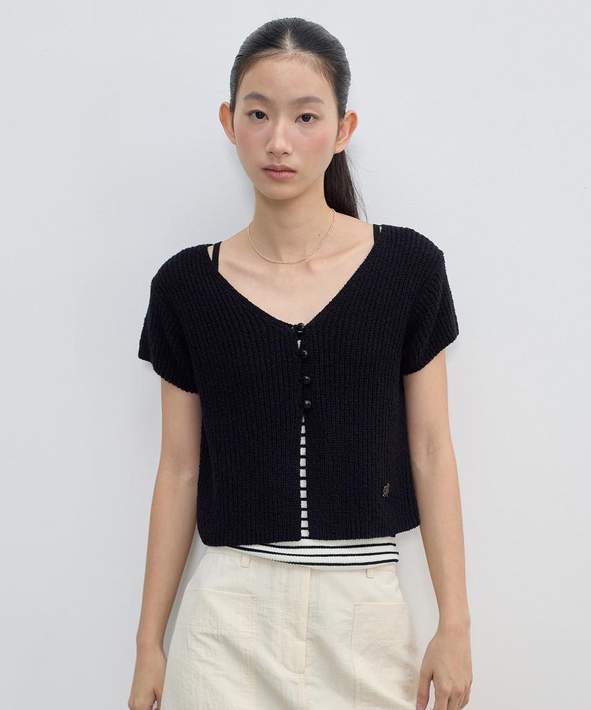 CITYBREEZE V-Neck Short Sleeve Knit Cardigan Set_Black