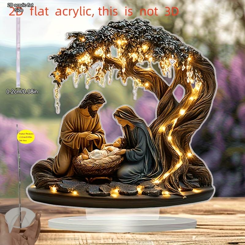 2D Flat Nativity Scene Acrylic Tabletop Decoration, Jesus, Glowing Tree & Soft Lighting, Suitable for wall decoration, porch, room, villa, accents Hom
