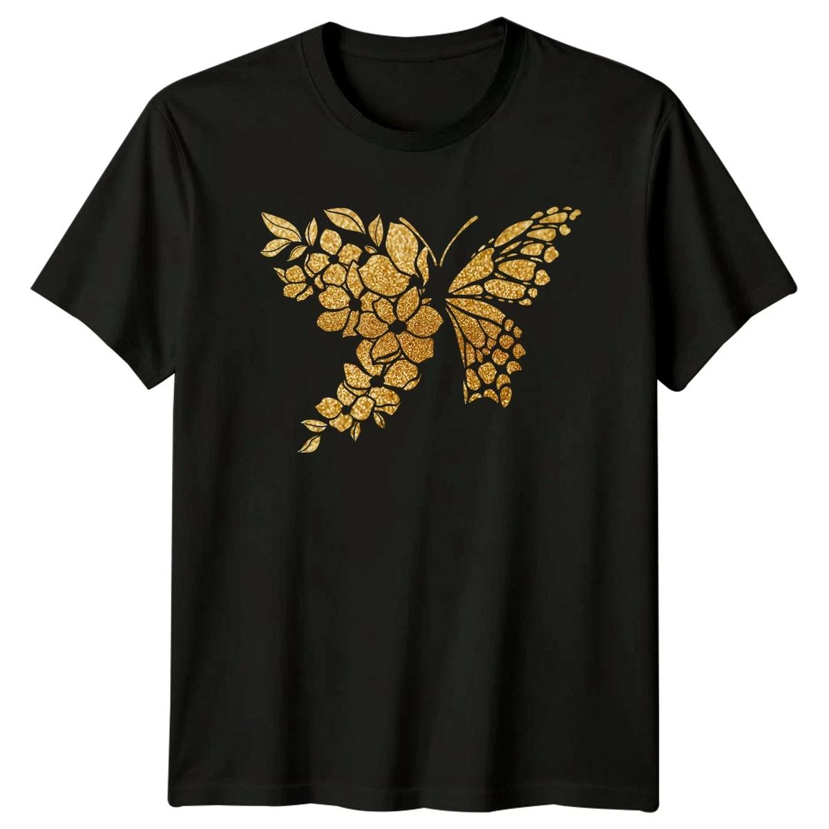 Elegant Gold Glitter Butterfly Womens T-Shirt Floral Design Gift For Her XXL
