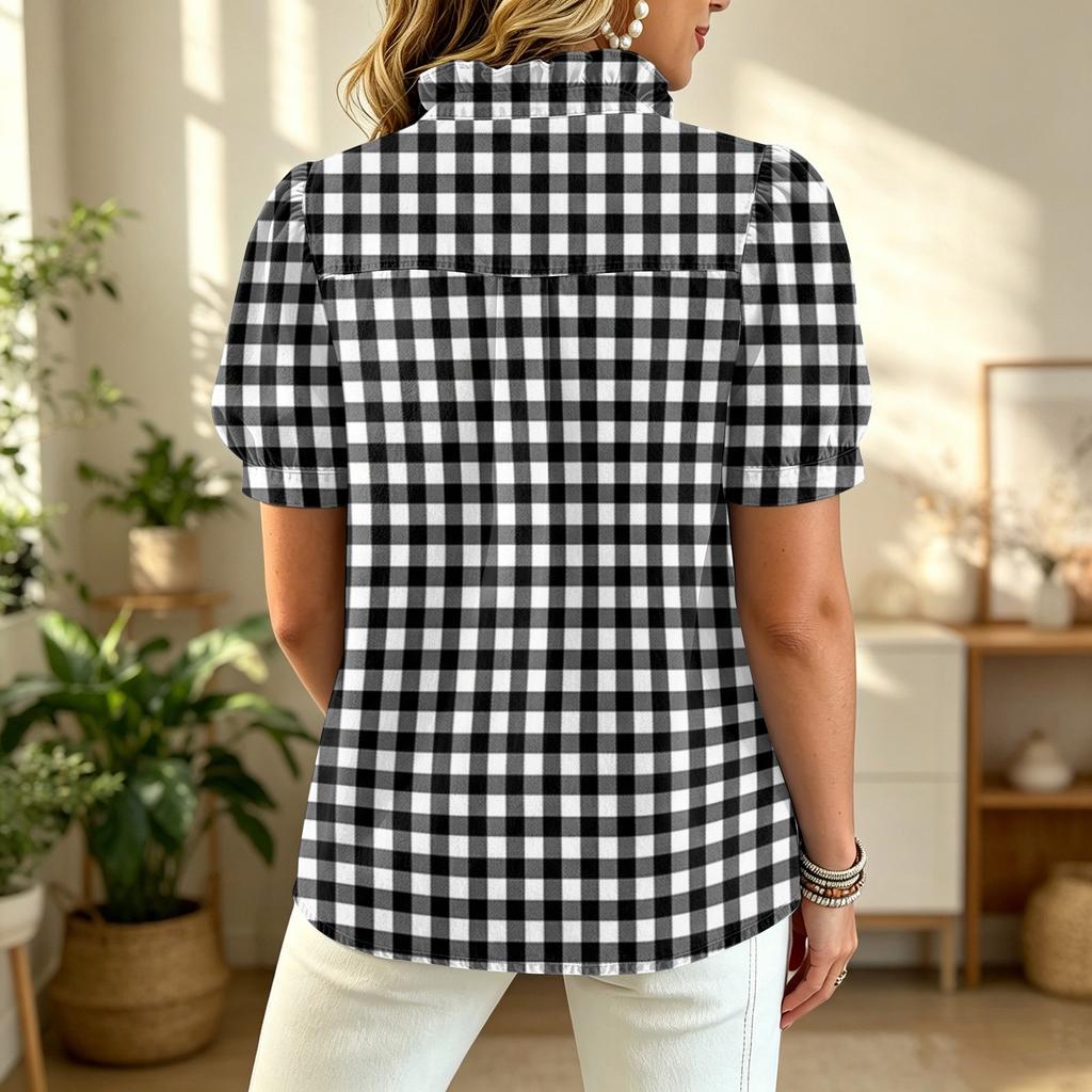 Women’s Fashion Casual Ruffle V Neck Plaid Print Blouse Short Sleeve Button Down Loose Fit Top for Everyday Wear Office