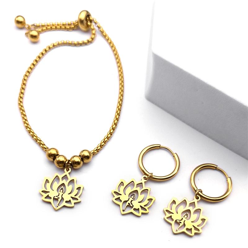

Набор из нержавеющей стали с цирконами в виде цветка лотоса для йоги для женщин и мужчин, золотистого цвета, в стиле бохо, элегантные серьги, ожерелья, браслет, подарки, оптом