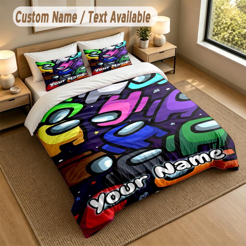 Custom Name Text Bedding 3Pcs Set,Among Us 1 Duvet Cover 2 Pillowcases Soft Bed Linen For Gift
