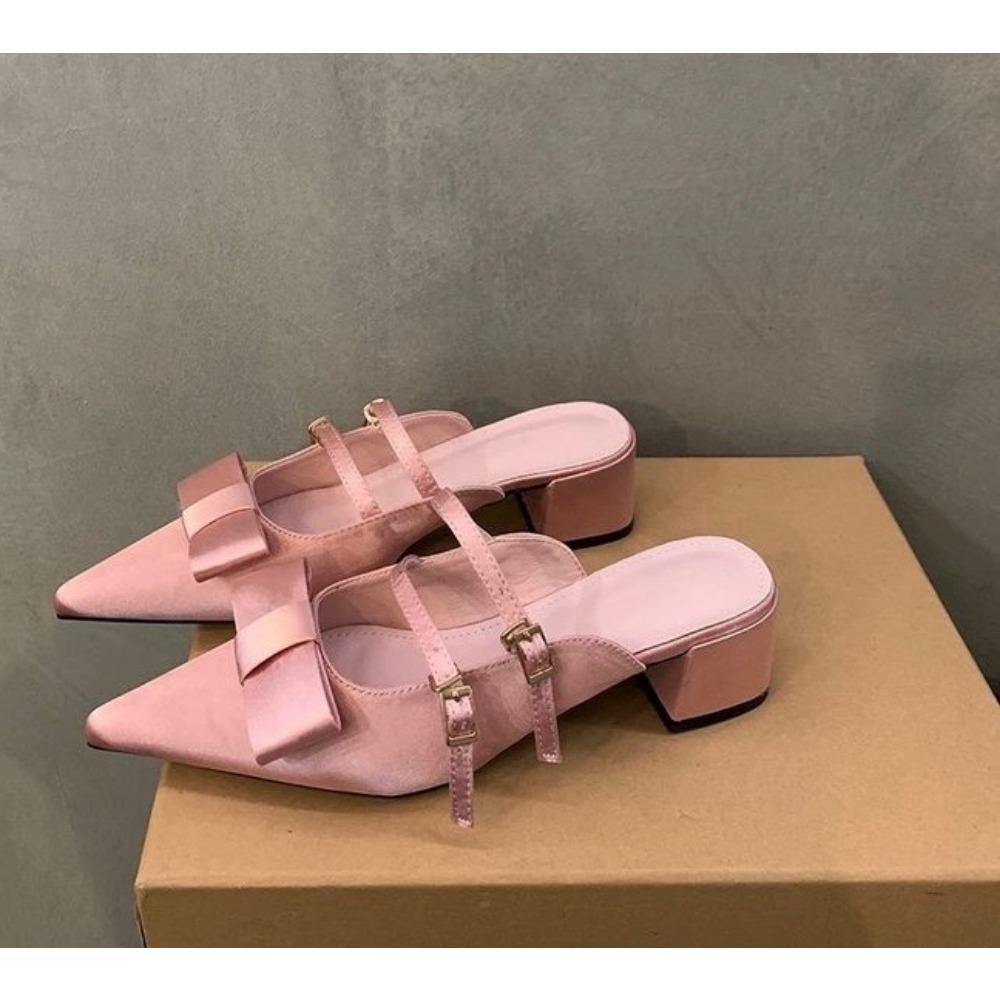 Fashion New Silk Bowknot Pointed Toe Slippers Women Sweet Elegant Mid Heel Slingbacks Shoes Female Slides Fashion Designer Sandals