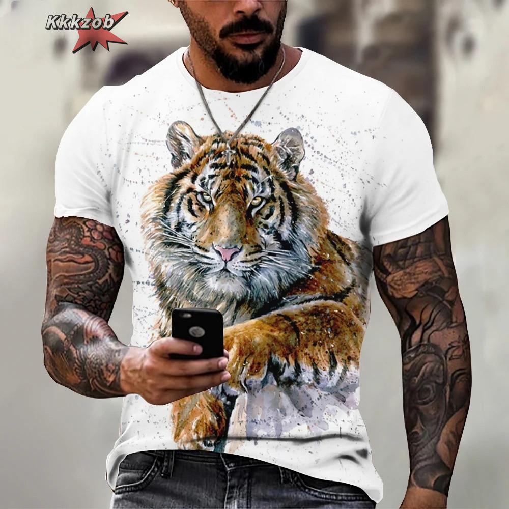 Fierce Tiger Animal Pattern Men's T-Shirts Short Sleeve 3D Animal Printed Trend Street Tee Oversized T Shirt Men Clothing Tops