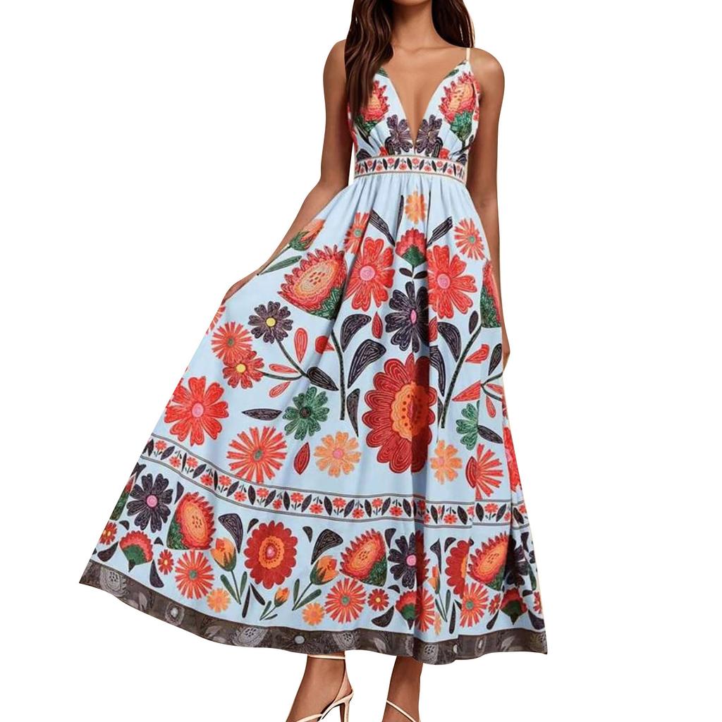 Women's Casual Fashion Vintage Floral Print Suspender Dress Elegant Holiday Dress