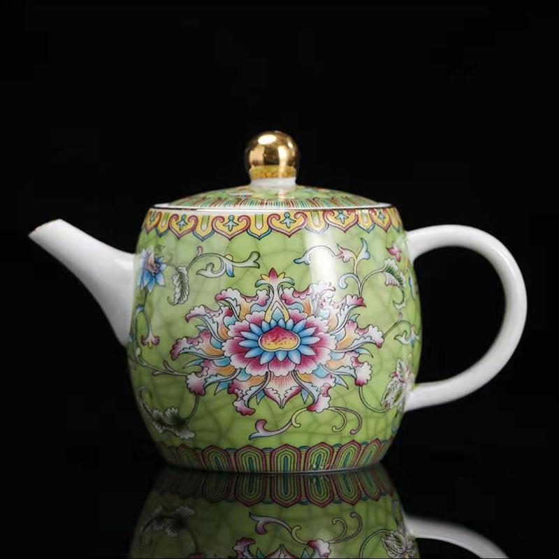 Large Ceramic Teapot Set with Hand Painted Flowers Home Tea Brewing Kungfu Tea Kit with Handle