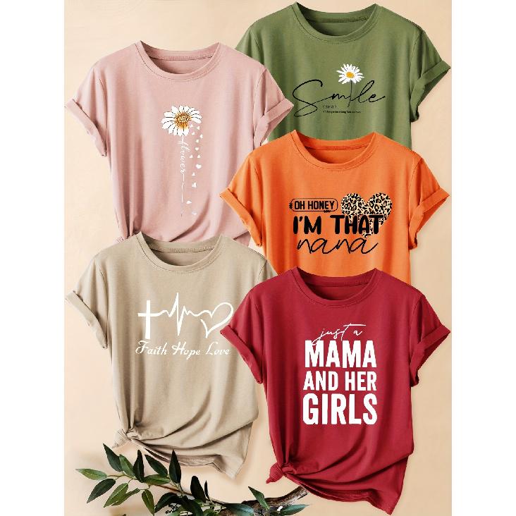 Five-piece set of women's letter and heart print short-sleeve shirts Leopard print heart and white chrysanthemum print round neck summer dress T
