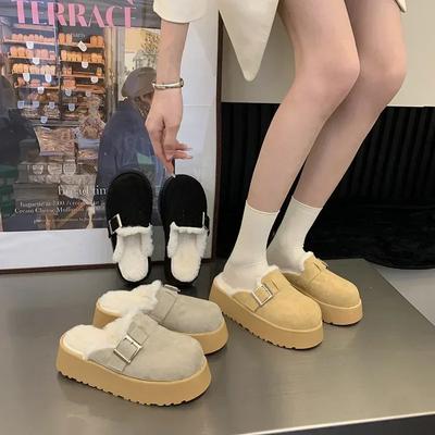 Fashion New Fur Snow Slipper Women Leather Mule Platform Slippers Long Plush Warm Soft Indoor Belt Buckle Slides Footwear 2024