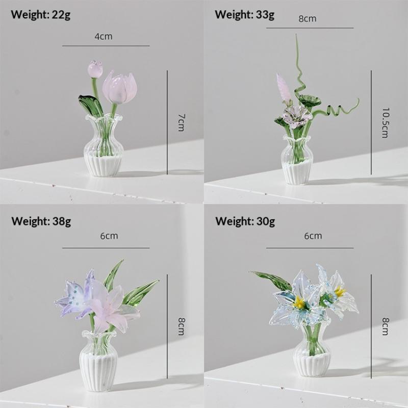 Handmade Glass Mini Flower Ornament Art Glass Artificial Flower With Small Vase Tabletop Decoration For Home Desktop Gift