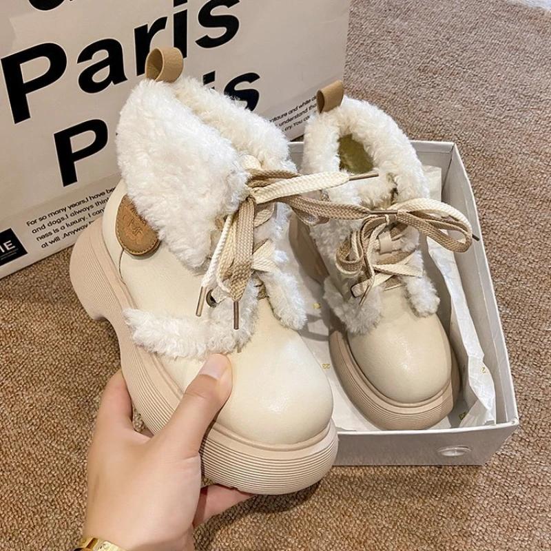 Fashion Snow Ankle Boots for Women Winter New College Style Small Leather Booties with Plush Insulation and Cute Round Toe Cotton Shoes