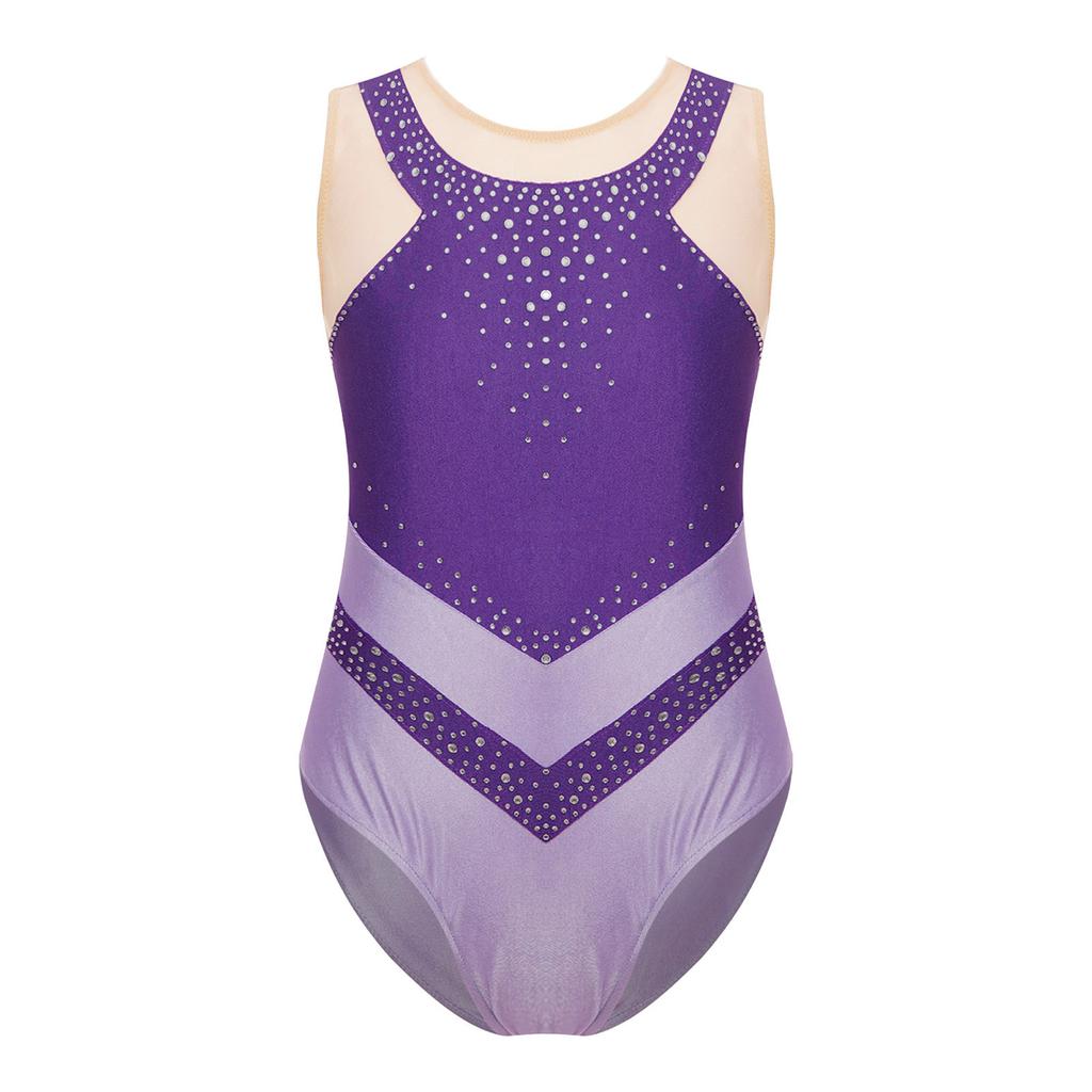 Girls Sparkly Rhinestones Leotard Gymnastics Costume Color Block Sheer Mesh Patchwork Sleeveless Bodysuit