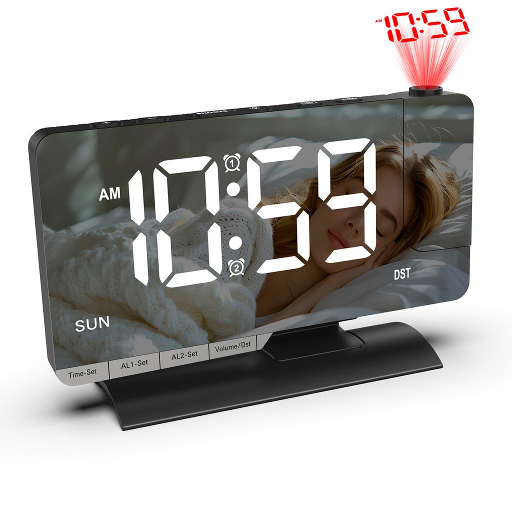LED Digital Alarm Clock with Time Projection, Dual Alarms, USBCelsiusType-C Charging Ports, 6-  Dimmable, Daylight Saving Time (DST), Snooze