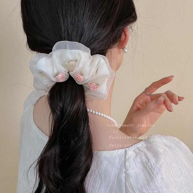 Women's Rose Mesh Scrunchie - French Style Elastic Hair Tie Durable Leatherette