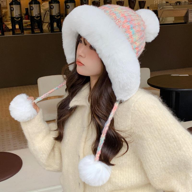 

Cute colored wool women s winter velvet thickened versatile hairball knitted thermal hat ear protection tide M（54-60cm）
