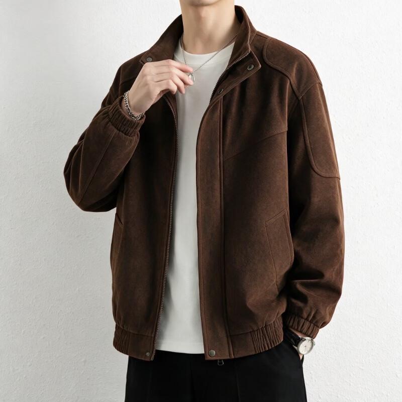 Firstview Men's Stand Collar Suede-Look Multi-Pocket Casual Jacket