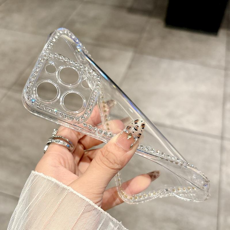Diamond Frame Clear Slim Case Shell For iPhone 16 Pro Max 15 Pro 14 13 12 11 Soft TPU Shockproof Lens Protection Transparent Cover