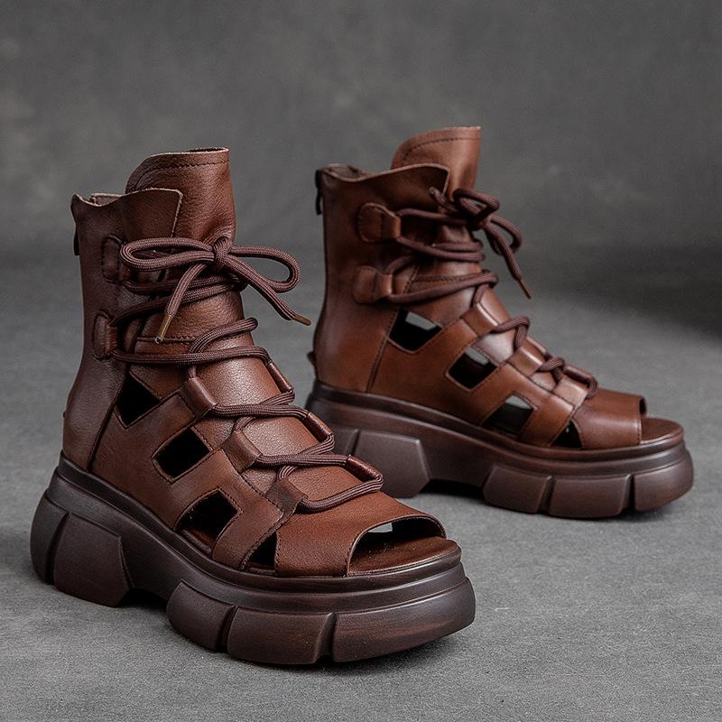 

Spring New Thick Sole Round Toe Open Toe Color Wipe Retro Wind Roman Shoes Front Lace Up Martin Boots 40 темно-коричневого кольору