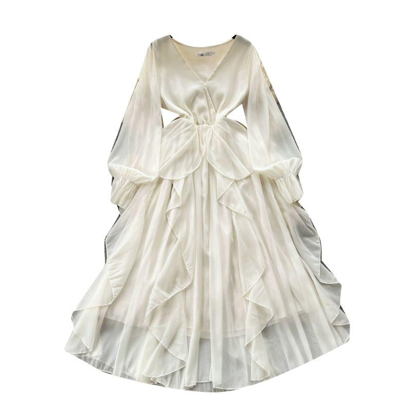 Elegant V Neck Silm Mid Length Long Length Ruffles Dress