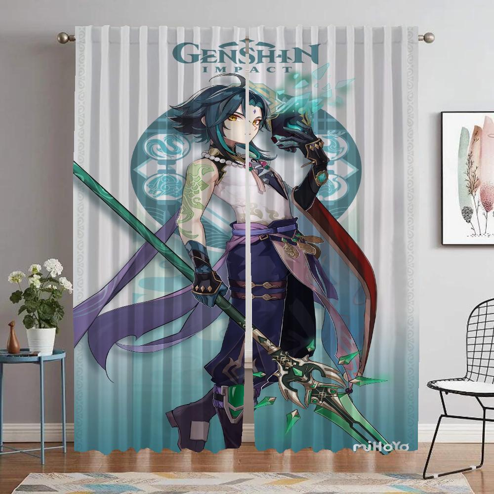 Genshin Impact Window Curtain for Room 2 Panel Home Interior Curtains Halloween Decoration Tulle for Bedroom Shades Partition