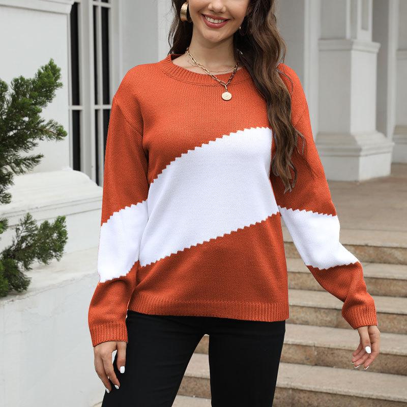 Damen Herbst- und Winter Farbblock Strickpullover mit lockerem Rundhalsausschnitt