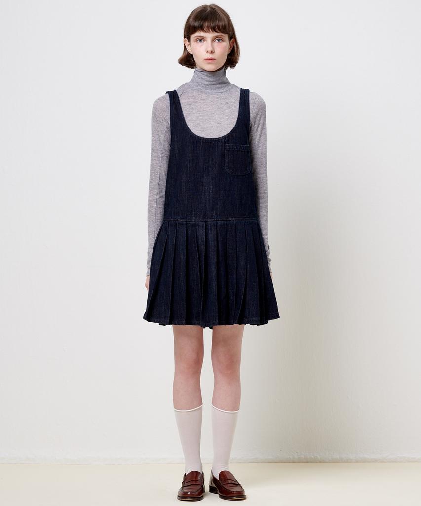 Plack Woman Pleated Denim Dress Deep Indigo