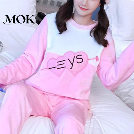 Home Wear Set 2Pcs/Set O-Neck Long Sleeves Pockets Elastic Waistband Loose Fit Flannel Pajamas Lounge Sleepwear Women Winter Heart Print Patchwork