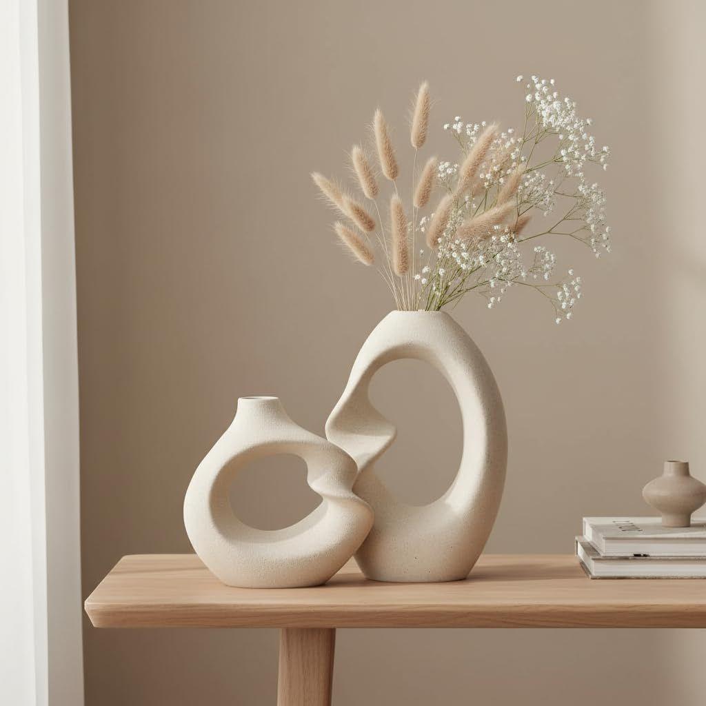PUREZENTO Einzigartige Weiße Keramik Donut-Vase 21,6 & 14,5 cm - Set aus 2 | Dekorative Donut-Vase