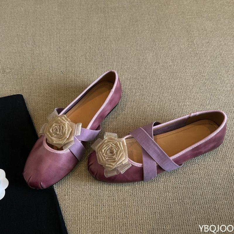 Fashion Women's casual light yellow round toe shoes retro camellia flat bottom cross with shallow mouth simple comfortable single shoe