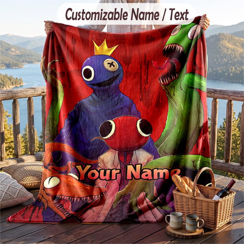 Rainbow Friends Flannel Blanket, Personalized Custom Name Text, Soft Warm Plush Throw Blanket For Gift