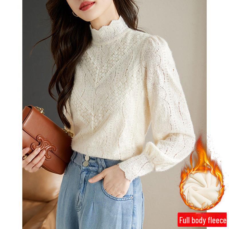 Women's Half-High Collar Lace Top with Velvet Lining for Autumn/Winter 2024 - Stylish and Beautiful