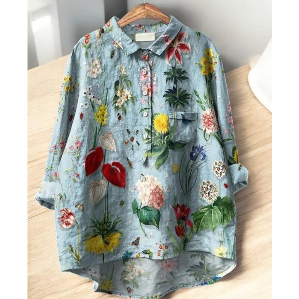 Stampa Floreale Vintage Deliziosa Camicia Casual in Lino