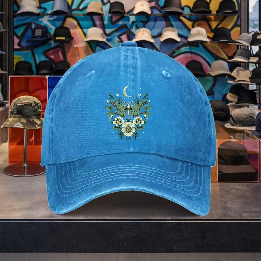 Moth Butterfly Moon Floral Baseball Cap Distressed Washed Cotton Adjustable Sun Hat Unisex Outdoor Travel