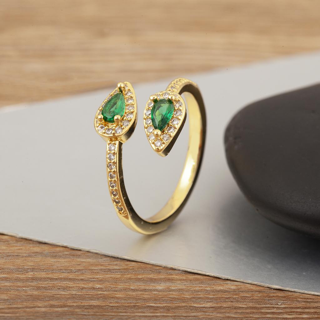 Nidin New Trendy Leaf/Water-drop/Flower Shape Inlaid Green Zircon Open Rings Adjustable For Women Temperament Finger Jewelry