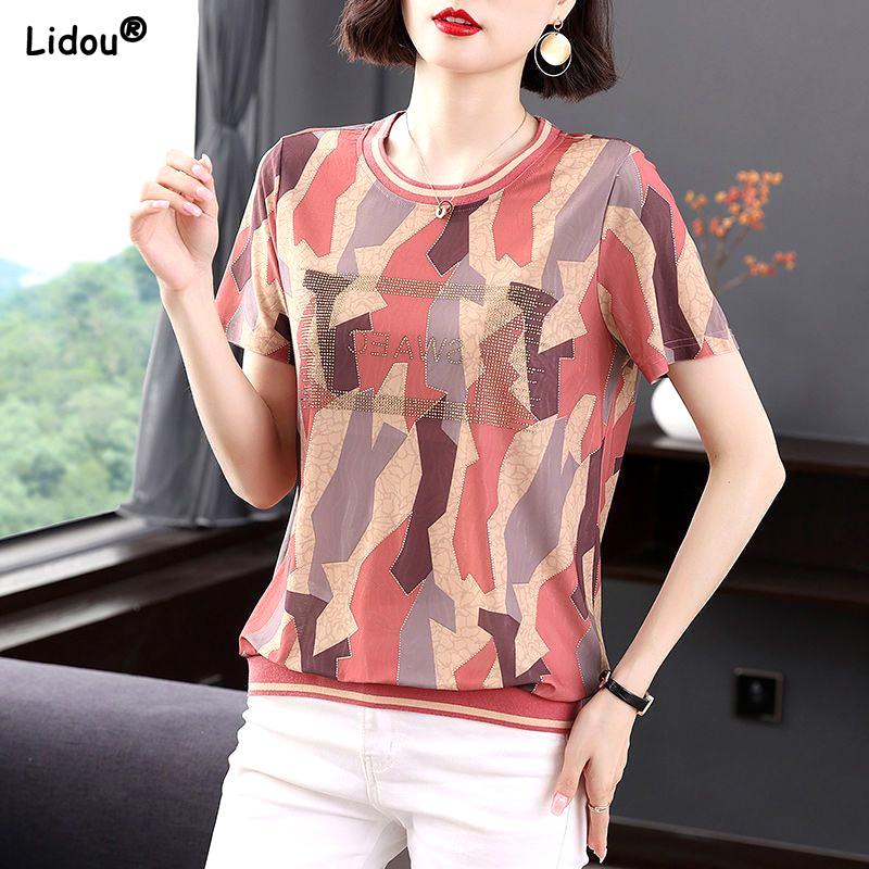 T-Shirts Diamonds Round Neck Pullovers Loose Geometric Short Sleeve Summer Thin  Women's Clothing Office Lady Casual Fashion