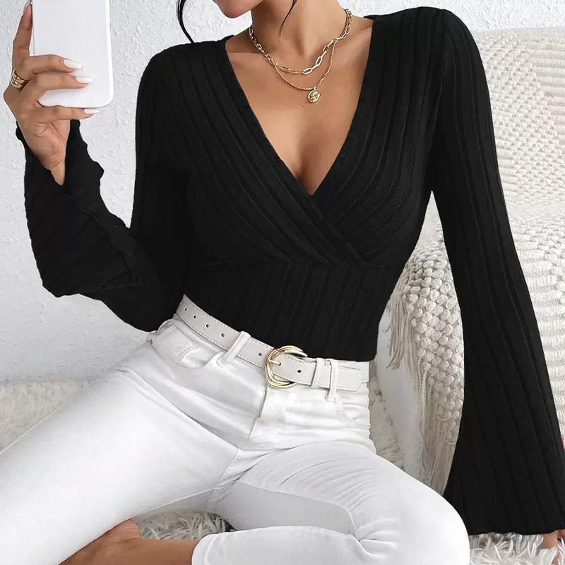 Women's Elegant Knitted Ribbed V-Neck Bell Sleeve Design T-Shirt Top