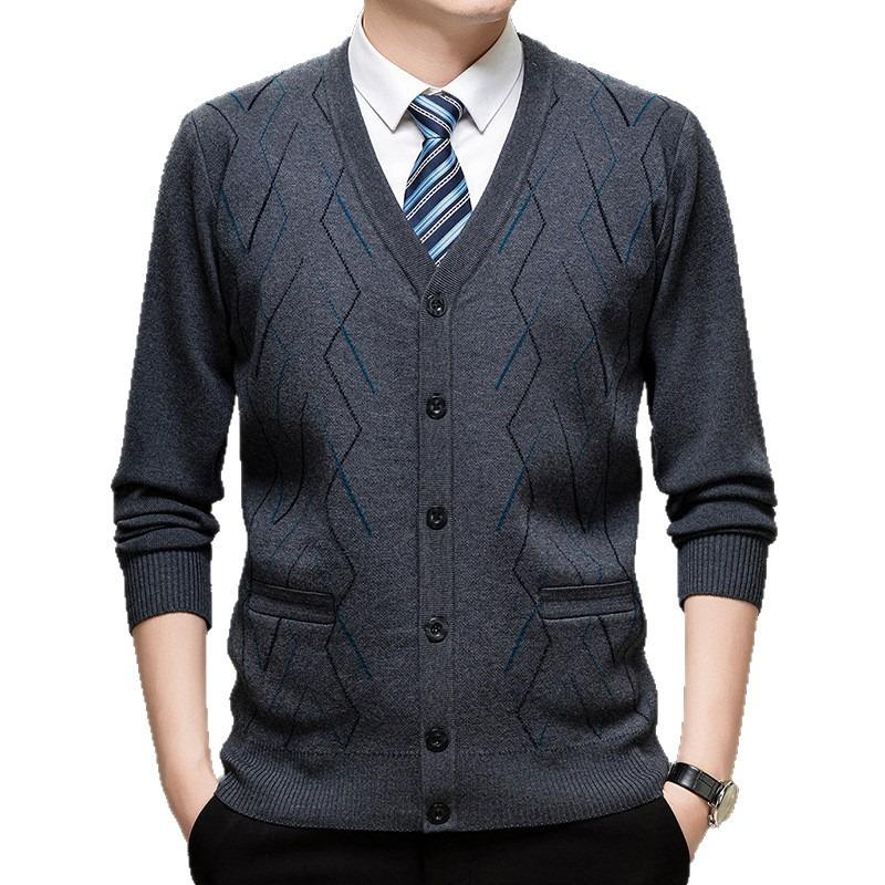 Men Plaid Knit Button Cardigan Casual Sweater Outerwear For Middle Aged Men