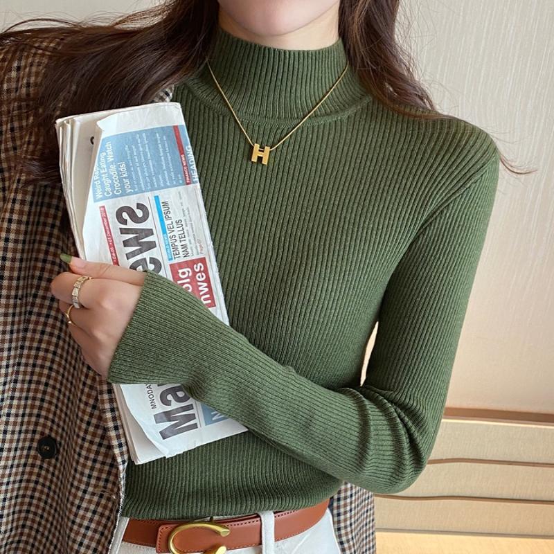 Fashion Solid Half High Neck Knitted Sweater Women Slim Fit Casual Elegant Pullover Sweaters Autumn and Winter Long Sleeve Knitwear Sweater Tops 24841