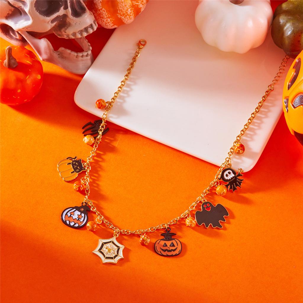 Halloween Enamel Pendant Necklace18K Gold Plated Chain W/ Pumpkin Ghost Bat Charms Adjustable 37cm+5cm Party Costume Jewelry Gif