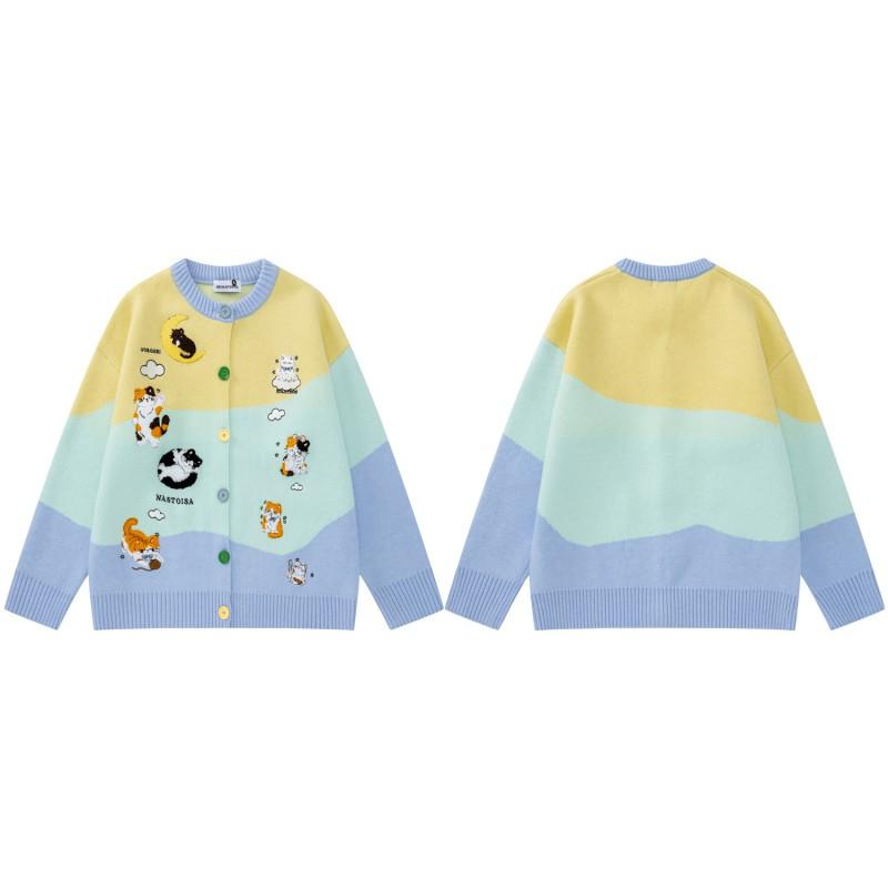 American Retro Cartoon Cat Embroidered Cardigan Loose Casual Color Block Knit Jacket Teens