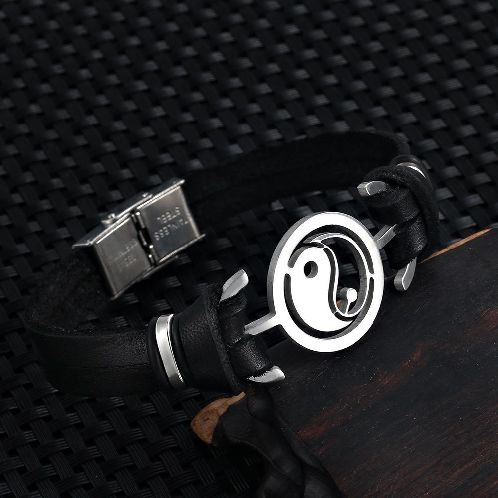

Мужской браслет из кожи и нержавеющей стали в стиле ретро Инь-Ян - украшения для рук в этническом стиле Тайцзи-Багуа чёрный