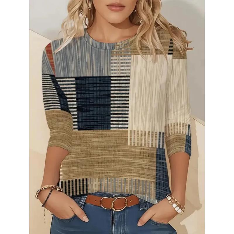 Fashion Women s Crew Neck Long Sleeve 3D Casual Color Printing Casual Long Sleeve Crew Neck T-Shirt S