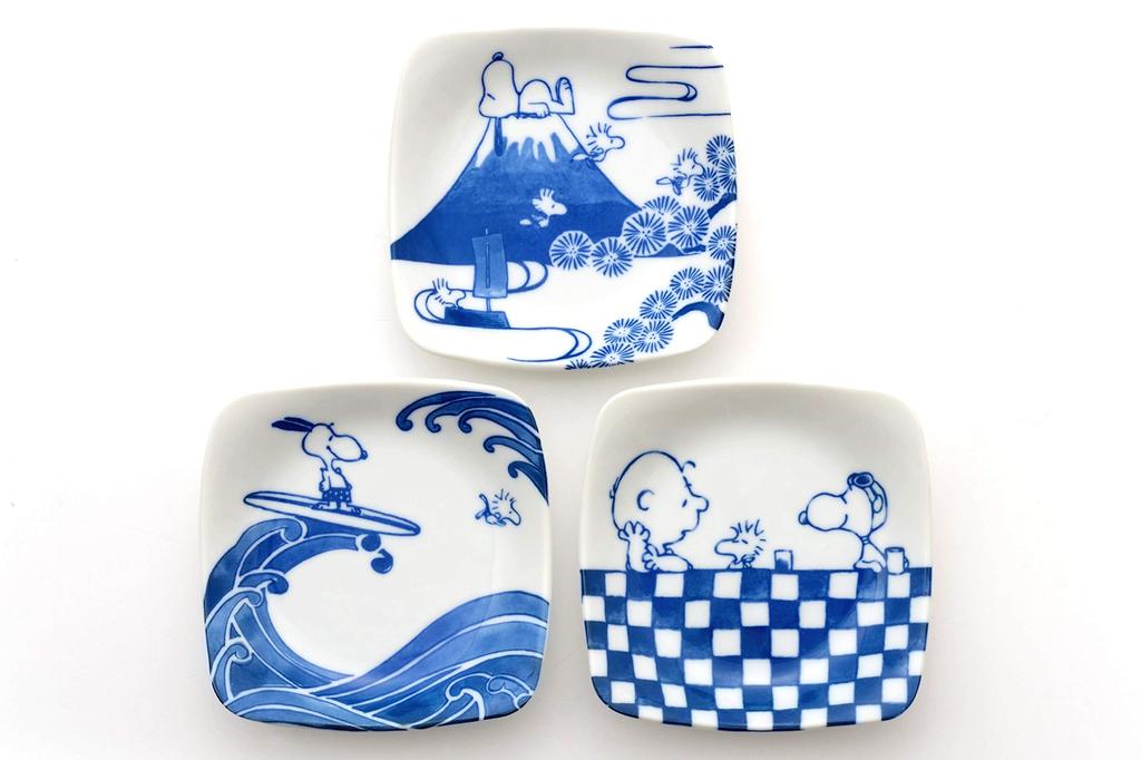 Yamaka Shoten Cute Square Plates and Side Plates Set of 3 Character Snoopy Blue and White Square Plates (3 Patterns)