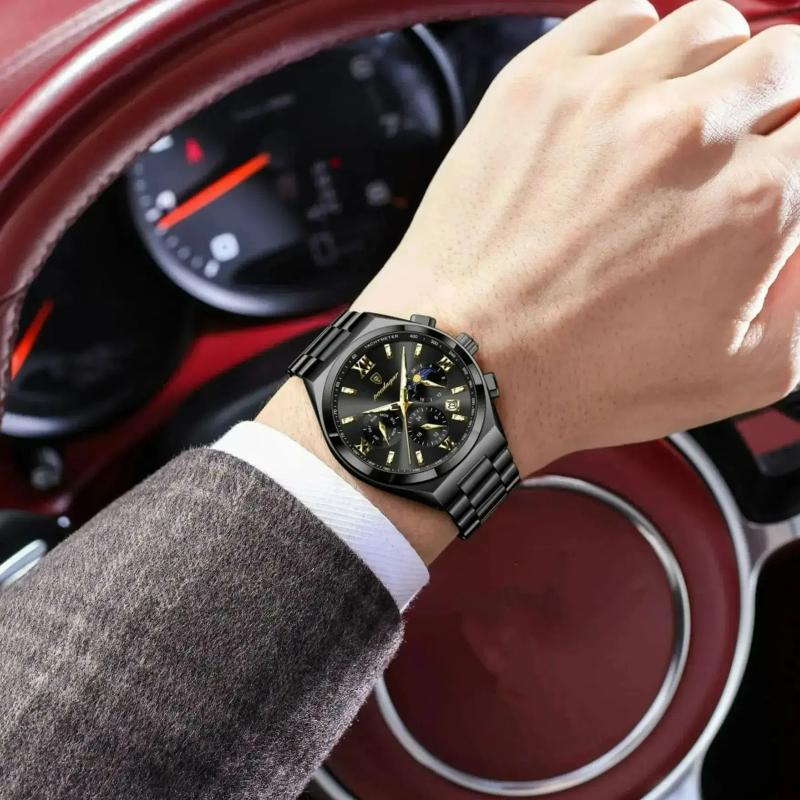 POEDAGAR Original Sport Man Wristwatch Luminous Week Date Luxury Watch For Men Stainless Steel Quartz Men's Watches