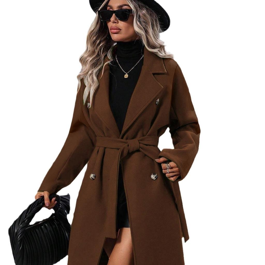 2025 Autumn Winter Women's Double-Breasted Wool Blend Trench Coat, Belted Waist Elegant Overcoat with Notched Lapel, Classic Office Chic Outerwear