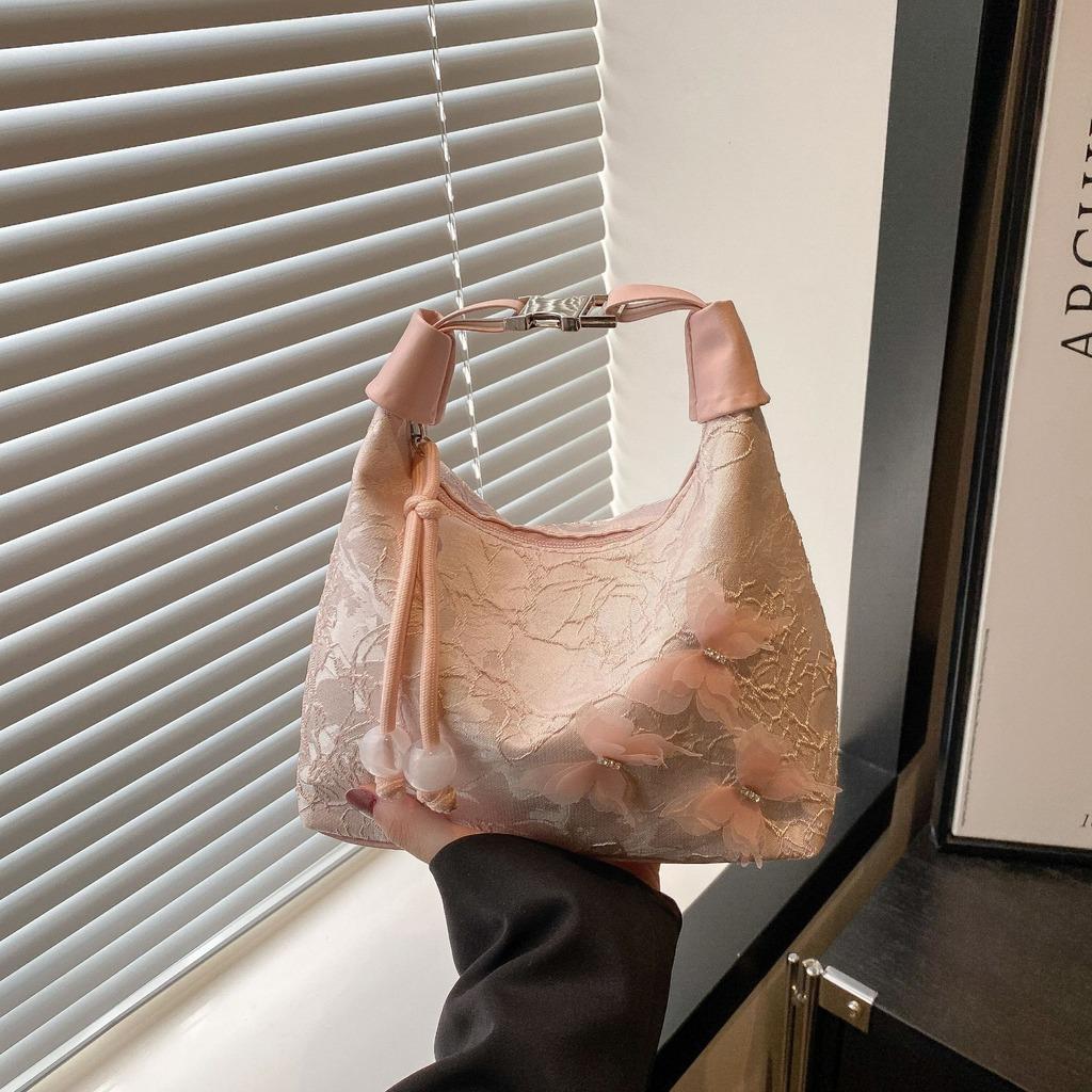 

Retro Embroidered New Chinese Style Handbag Canvas Butterfly Hanfu Embroidery Handbag Zipper Shoulder Bag Cheongsam Bag Wedding рожевий