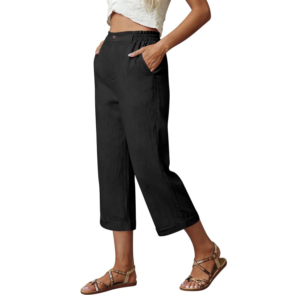 Women’s Wide Leg Cropped Pants High Waist Linen Blend Trousers with Side Pockets Relaxed Fit for Everyday Wear