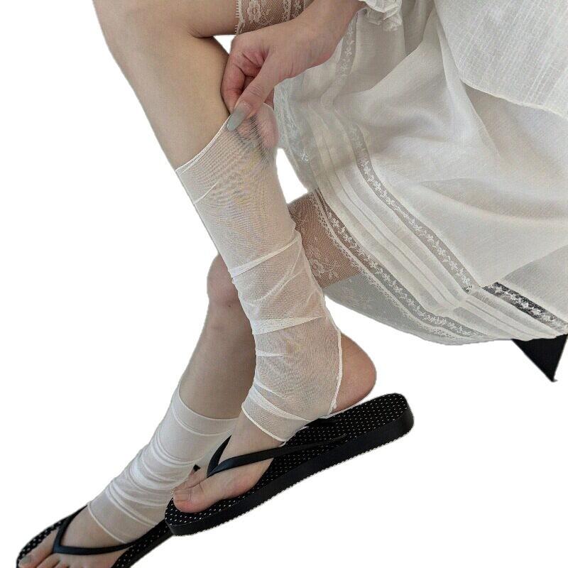 Summer Mesh Calf Socks Cover Women'S Cold And Breathable Sunscreen Stacking Socks Solid Color Horse Oil Half Leg Cover With Flip-Flops